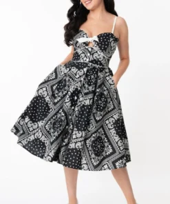 Unique Vintage Rockie Swing Dress - Black Paisley Print