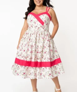 Unique Vintage Darienne Swing Dress - White/Pink Floral 11 Unique Vintage Darienne Swing Dress - White/Pink Floral