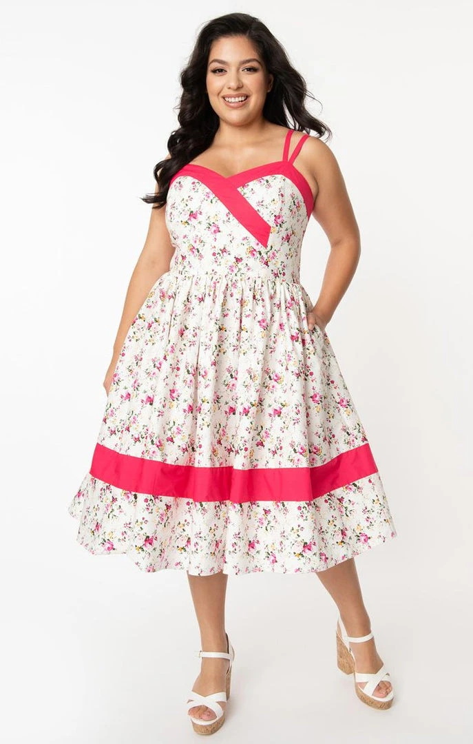 Unique Vintage Darienne Swing Dress - White/Pink Floral 6 Unique Vintage Darienne Swing Dress - White/Pink Floral