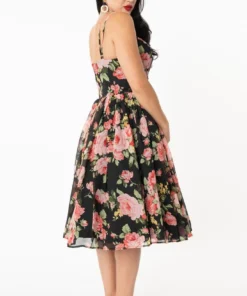 Unique Vintage Reed Swing Dress - Black & Pink Floral